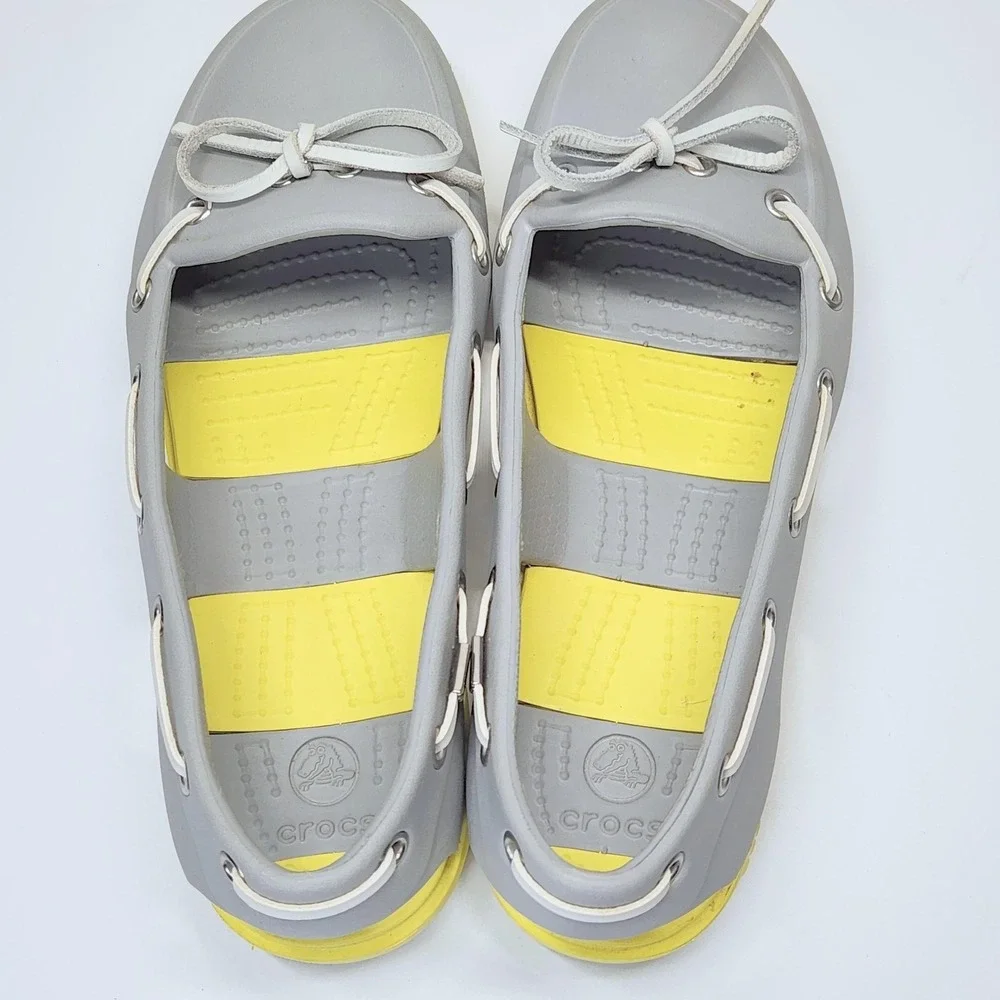 Crocs A-Leigh Boat Shoes Womens Size 7 Gray Yellow Slip On Comfort Flats 14261